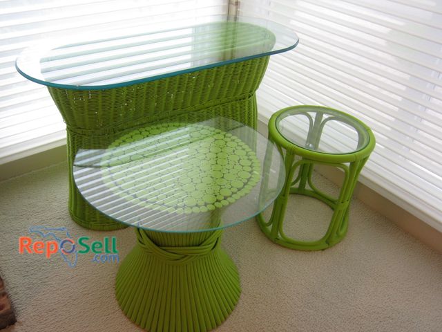 Lot 31-1275 - (3) Green Rattan &amp; Wicker Accent Tables w/Glass Tops