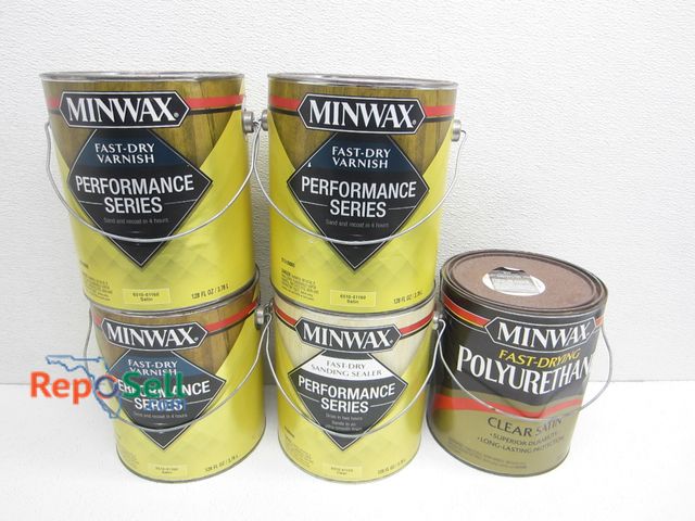 Lot 31-2514 - (4) 128 fl oz Miniwax Fast-Dry Varnish (3 Satin, 1 Clear) And  Partial Can 128 fl oz Fast Drying Pol...