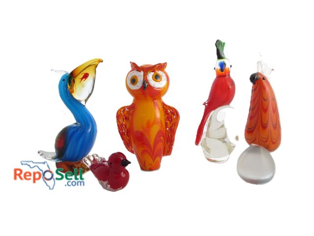 Lot 31-1105 - (5) Hand Blown Glass Pieces: Rooster, Owl, Birds etc Tallest Is 12" H