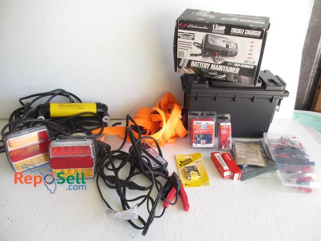 Lot 31-8588 - Trailer Lights, Schumacher Battery Maintainer, Fasteners, Empty Dewalt Box