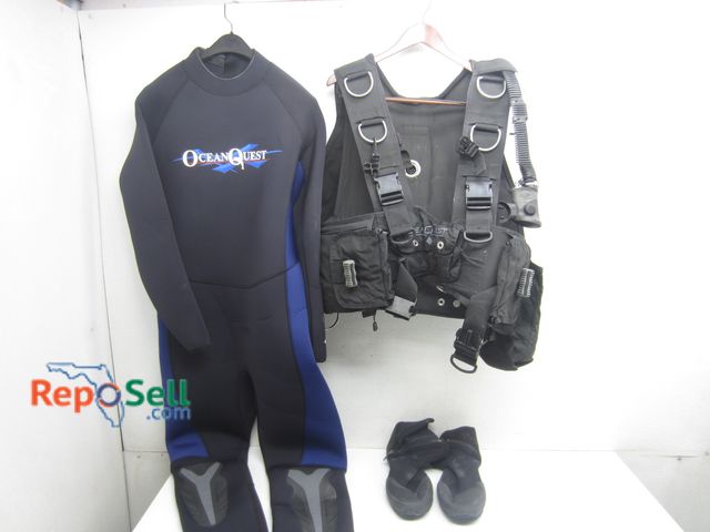 Lot 31-1308 - Scuba Dive Attire: 3XL OceanQuest Full Wetsuit, XL SeaQuest BCD &amp; Size 11 Dive Boots