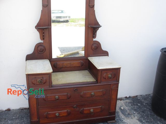 Lot 31-1100 - Vintage Dresser With Mirror And Marble Tops, Dresser Is 31"H And 43"W, Dresser And Mirror Is 70.5"H