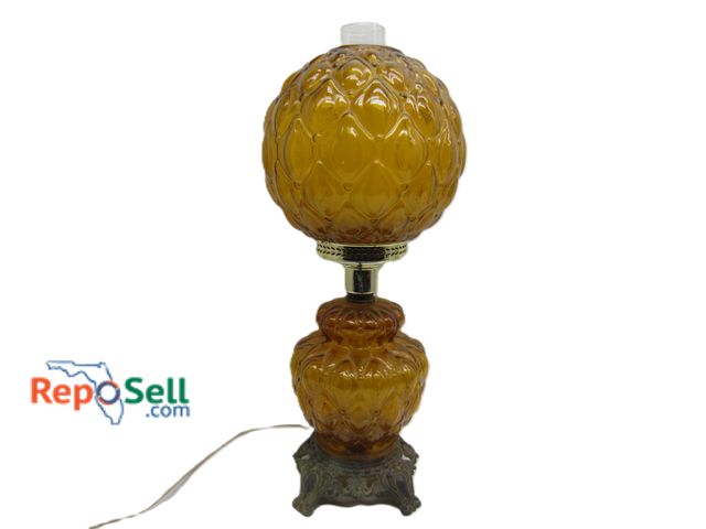 Lot 31-5130 - Vintage Amber Glass Hurricane Lamp, Powered On