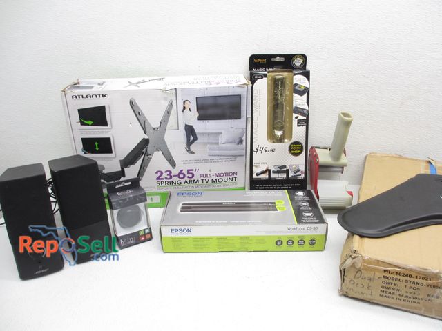 Lot 31-7111 - Office Lot: (2) Portable Scanners (Epson, Magic Wand), (2) BOSE Speakers, Dual Monitor Stand, etc.