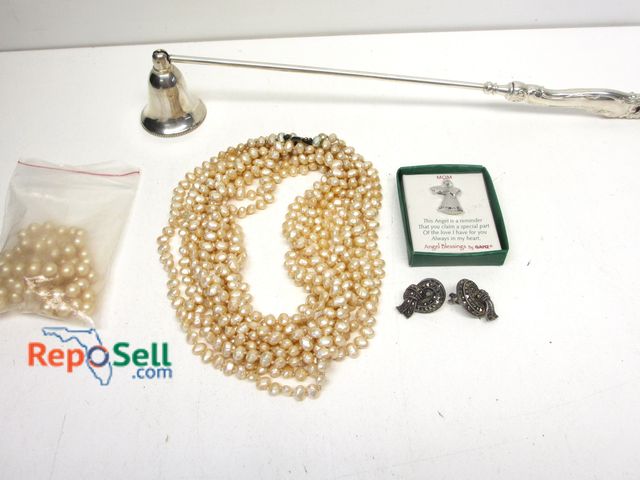 Lot 31-3032 - Jewelry Lot and Weighted Silver (handle only) Candle Snuffer, Pearl Necklace, Silver Mystic Topaz Ea...