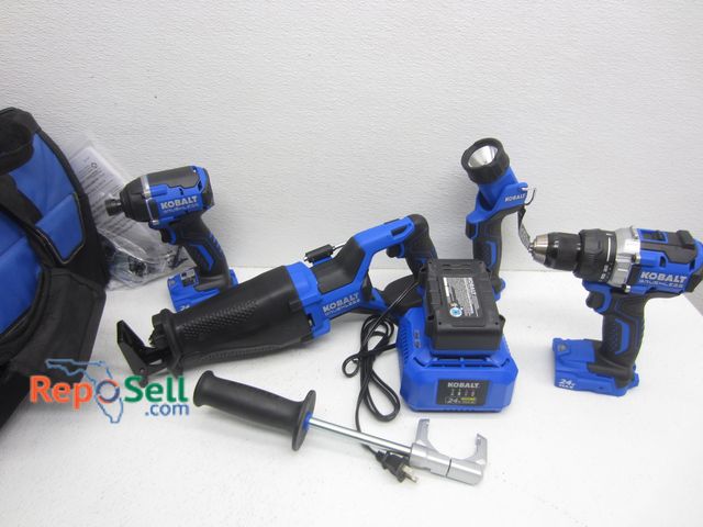 Lot 31-1371 - (4) Kobalt 24V Tools with Bag (all power on): Impact Light, Sawzall, Drills, Battery, Charger