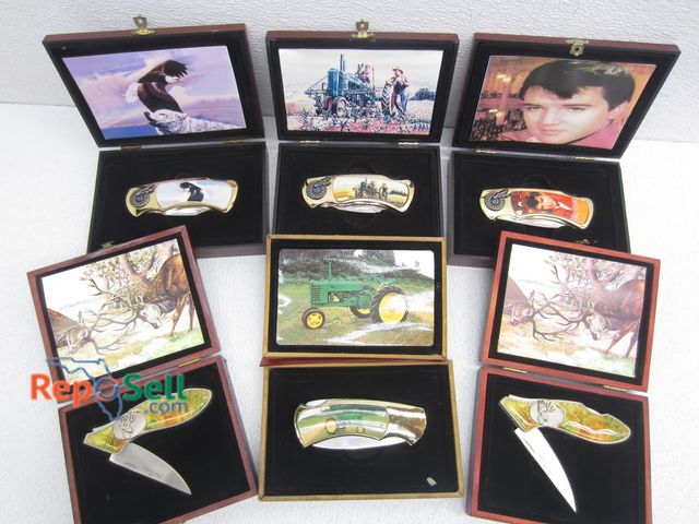 Lot 31-2260 - (6) Pocket Knives w/Cases: Elvis, Deer, Farmer, etc. - Some Box Damage/1 Knife Needs Repair