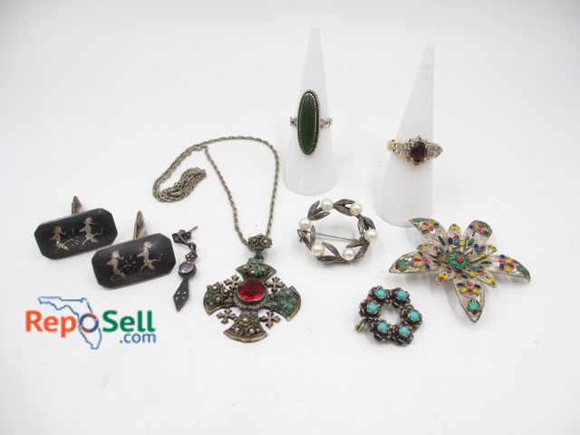 Lot 31-6001 - .925 Silver Jewelry (52.8g total): Garnet Ring Size 6, Jade Ring Size 5.5, Cuff Links, Pins, etc.