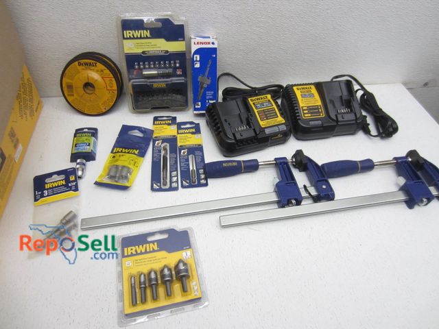 Lot 31-9336 - (25) New Lennox, DeWalt, Irwin accessories, chargers, router mandrels , clamps, etc. $300 retail.