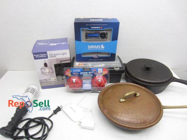 Lot 31-7235 - Estate Lot: Cast Iron Skillet w/Lid, New Cage Pendant Light, New Serious Satellite Radio, New Maxi S...