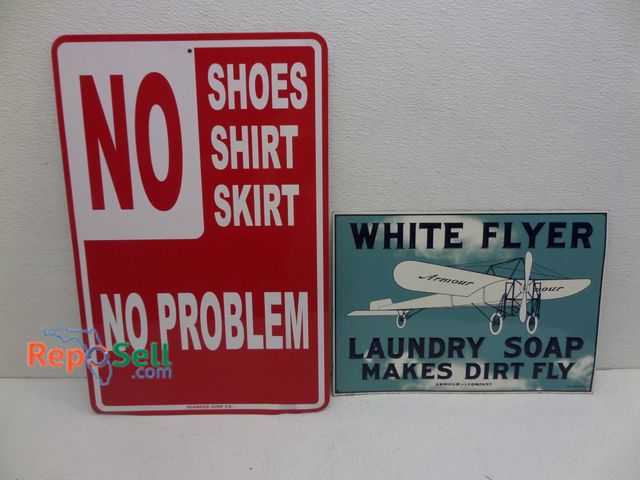 Lot 31-5376 - (2) Metal Signs, White Flyer 14"x10" - "No Skirt No Problem" 18" x 12"