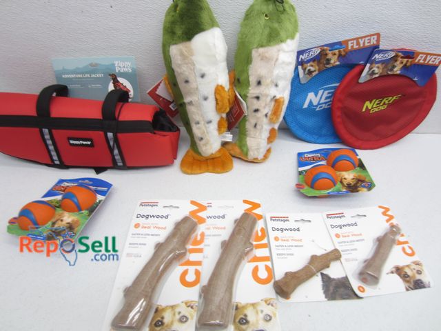 Lot 31-4102 - Dog Toy/Treat Lot: Chuck It Balls, Nerf Frisbees, Squeaky Toys, Life Jacket, etc.