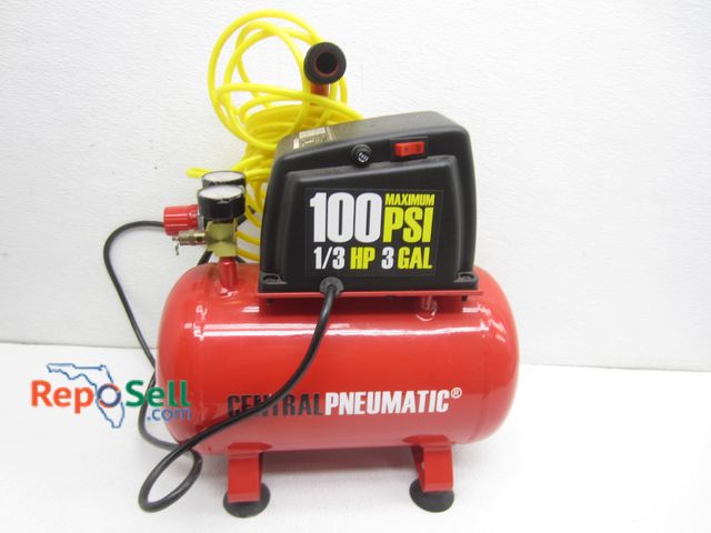 Lot 31-6225 - Central Pneumatic Air Compressor w/Hose - 3gal, 1/3HP, 100 Max PSI - Powers On/Builds Pressure