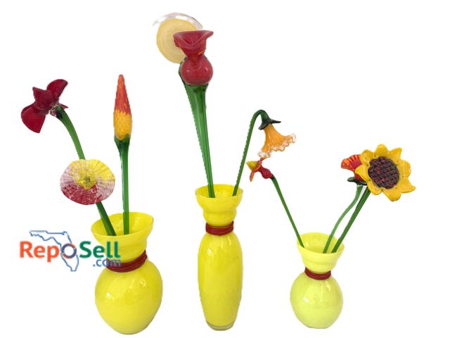 Lot 31-1064 - (3) Blown Glass Vases w/Blown Glass Flowers