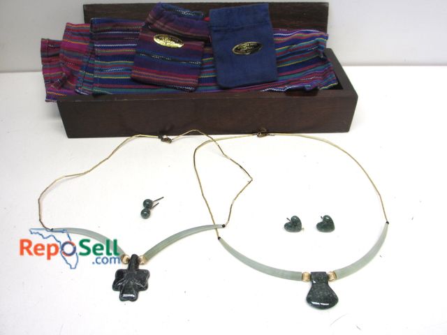 Lot 31-5015 - (2) Jade/Gold Over Necklaces &amp; (2) Jade .925 Post Earrings with Wood Box