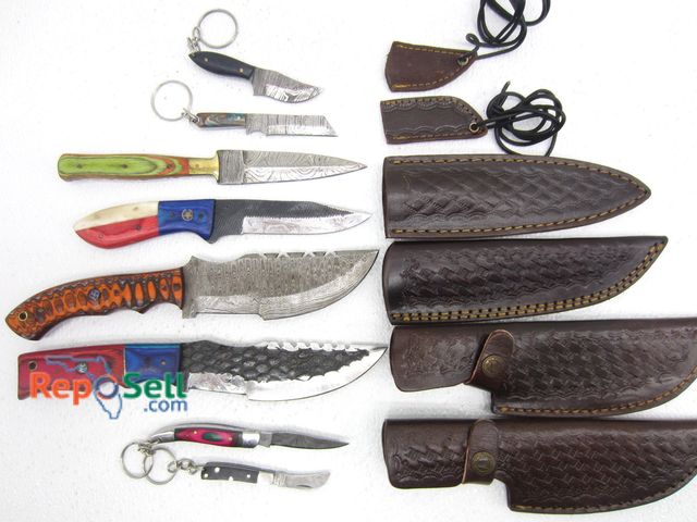 Lot 31-9130 - (2) Fixed Blade Damascus Style Neck Knives, (2) Small Pocket Knives on Key Chain, (4)  Knives w/Shea...