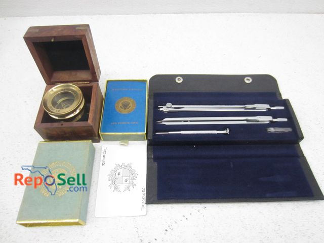 Lot 31-6039 - "Captain Hook" brass magnifier model 4609, vintage Lutz Germany plotting instrument set, Air Force O...