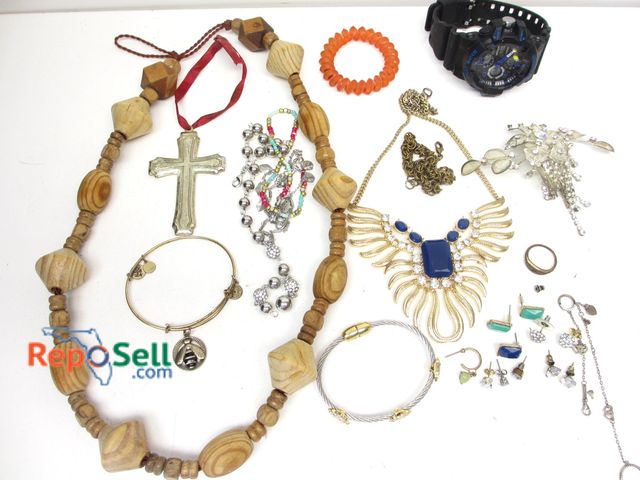 Lot 31-7005 - Costume Jewelry Lot and Samoa Watch (not running): Necklaces, Bee Bracelet, Earrings, etc.