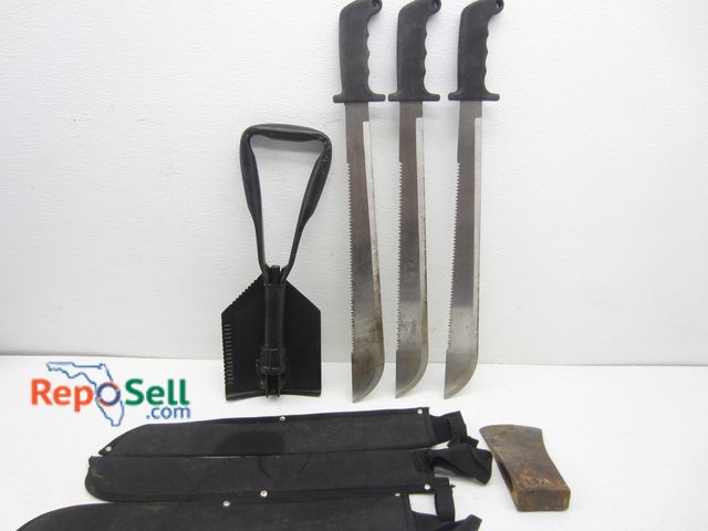 Lot 31-2398 - (3) Machetes w/Sheaths, Foldable Camp Shovel &amp; 1-Axe Head