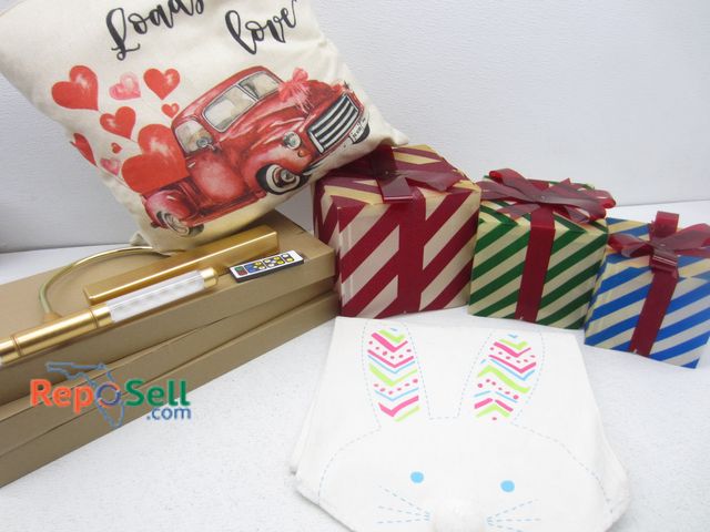 Lot 31-4234 - Estate Lot: (3) Picture Lights, Light Up Christmas Presents, Pillow &amp; Easter Bunny Décor - Tote ...