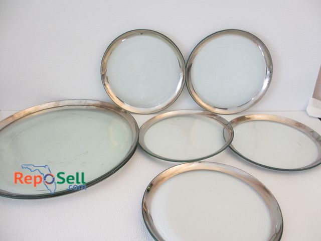 Lot 31-1387 - 1985 Cunningham Dishes: (44) Clear/Etched Glass Plates w/ Silver Tone Rim, 12" &amp; (2) Matching La...