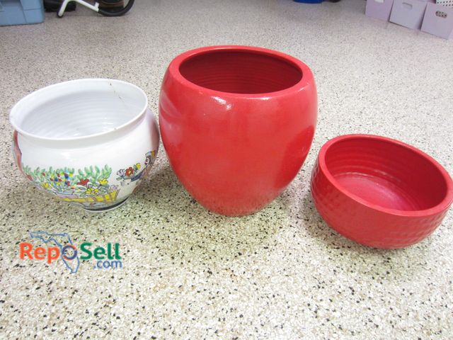 Lot 31-1424 - (3) Flower Pots: (2) Ceramic (1 Needs Repair) And (1) Metal