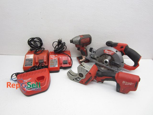 Lot 31-8582 - Tool Lot: (3) Chargers, 5 3/8 Circular Saw, 1/4 Hex Impact Driver, Plastic Pipe Shear - Only Pipe Sh...