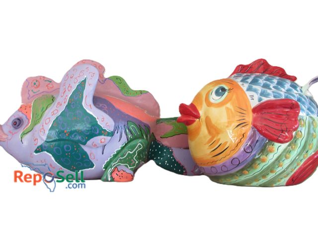 Lot 31-1035 - Ceramic Fish Punch Bowl w/Ladle &amp; Clay Fish