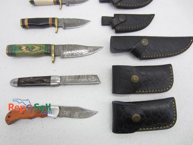 Lot 31-9127 - (6) Fixed Blade Knives w/Sheaths, (1) Pocket Knife w/Sheath: All Damascus Style