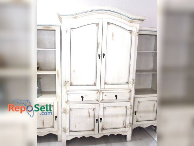 Lot 31-8533 - Large Distressed Cream Wood Entertainment Cabinet Wall Unit -Center Piece Only (approx. 76"H x 43"W ...