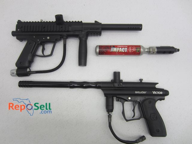 Lot 31-7538 - (2) Paint Ball Guns &amp; (1) 88g CO2 Tank: 1- JT Outkast, 1- Victor Spyder