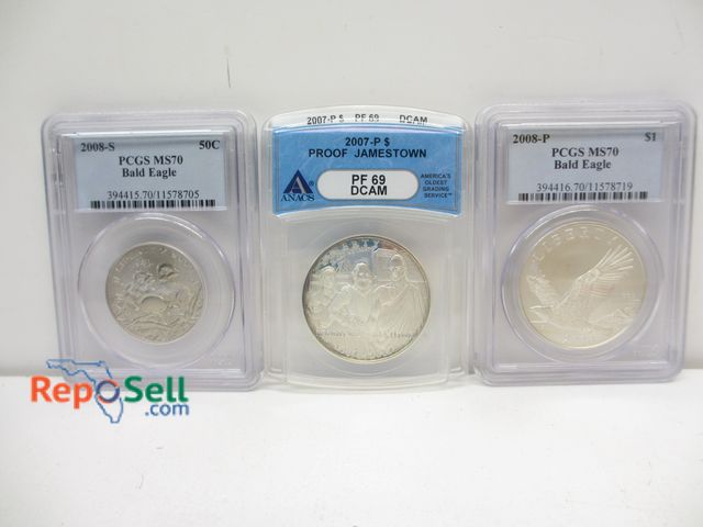 Lot 31-3012 - (3) Graded Coins: 2008P Bald Eagle $1, 2008S Bald Eagle 50cent, 2007P James Town $1
