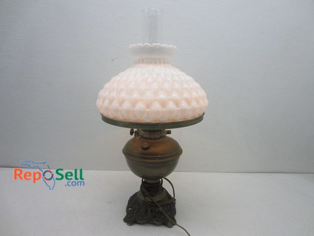 Lot 31-6548 - Vintage/Antique Table Lamp w/ Brass Base &amp; Milk Glass Shade, Powered On, 20.5" Tall