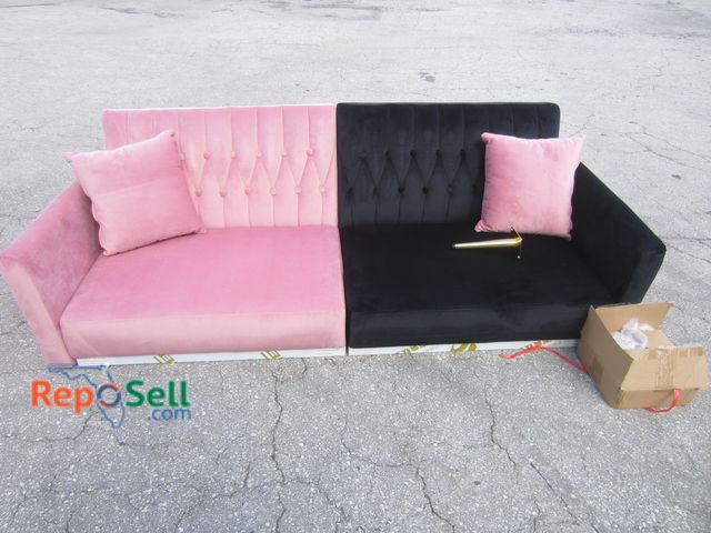 Lot 31-7587 - Pink/Black Kids/Small Sofa Bed w/Gold Colored Legs, 68x39 (Laid Back) New