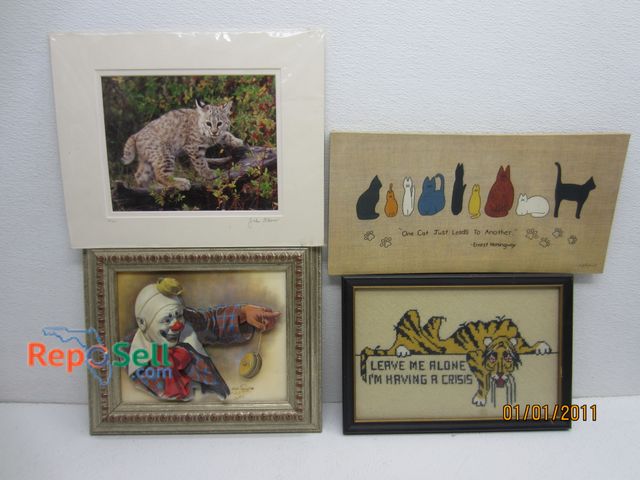Lot 31-5151 - (4) Pieces of Art; 3D Clown - Signed: John Flower Lynx- Signed: Needlepoint: Cat Wall Hanging