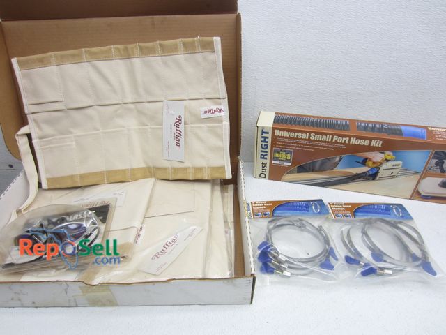 Lot 31-1296 - (5) New Ruffian Tool Bags, Safety Glasses, Dust Right Small Port Hose Kit &amp; (2) 4" Keyed Bridge ...