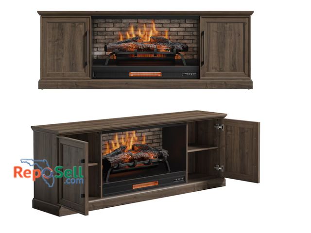 Lot 31-9199 - New Allen &amp; Roth 72"  Brown Walnut TV Stand with Infrared quartz Flat Wall Electric Fireplace wi...