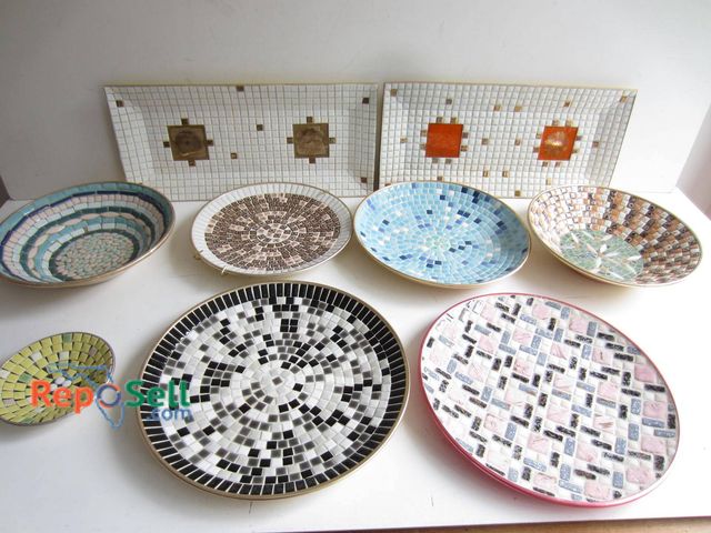 Lot 31-9246 - Nine handmade mosaic items, including seven round plates in various designs and two rectangular wall...