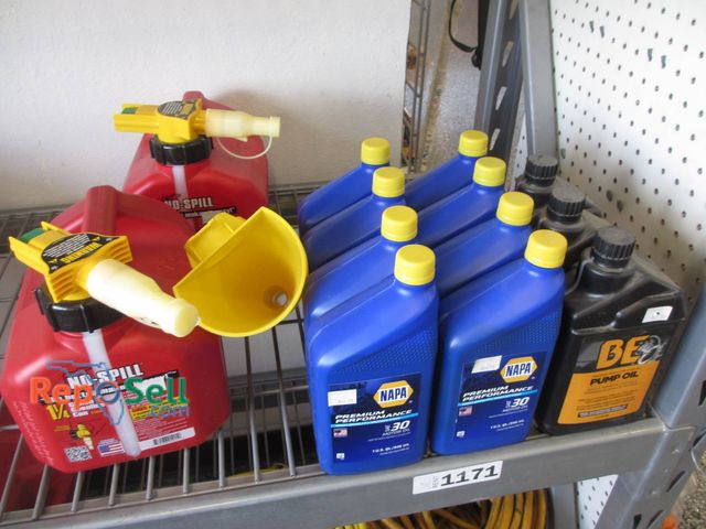 Lot 31-1171 - Two No-Spill 1.25-Gallon Gasoline Cans With Safety Mechanism, Six 1-Quart Bottles Of Napa Premium Pe...