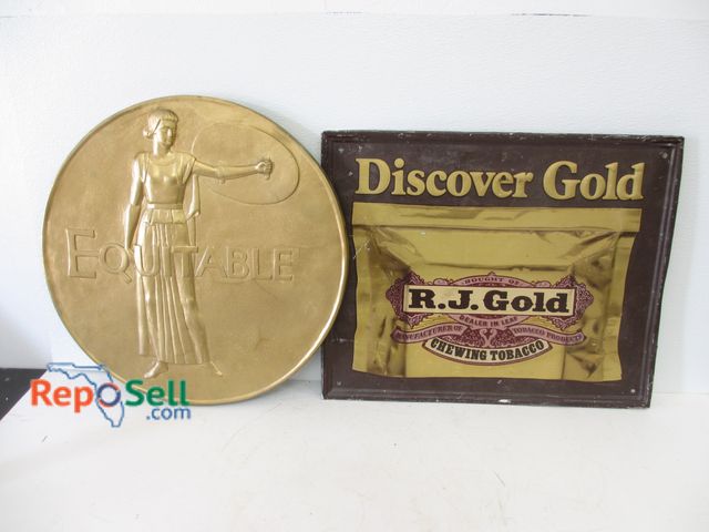 Lot 31-1242 - (2) Vintage Signs; (1) Cast Equitable Bank &amp; Trust and (1) Discover Gold, R.J. Gold Metal