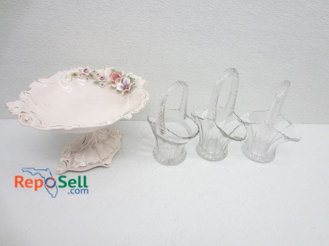 Lot 31-9023 - Florence Ceramics Footed Compote Bowl &amp; (3) Duncan &amp; Miller Pressed Glass Bridal Baskets