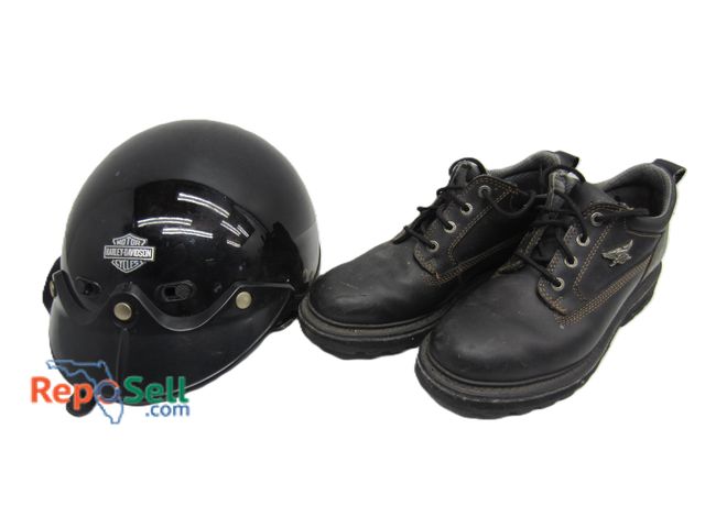 Lot 31-5186 - Harley Davidson Motorcycle Helmet And Boots Size 11