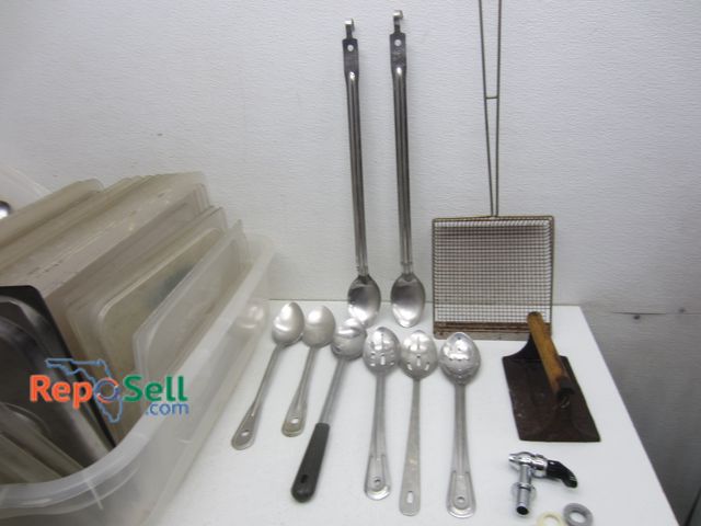 Lot 31-4165 - Restaurant Kitchenware Lot: Steak Weight, Plastic Container Lids, Various Mixing Spoons, (1) Bus Tub...