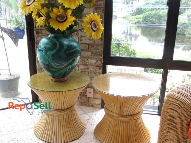 Lot 31-1144 - (2) Rattan Glass Top Side Tables 24"x21" And Clay Pot