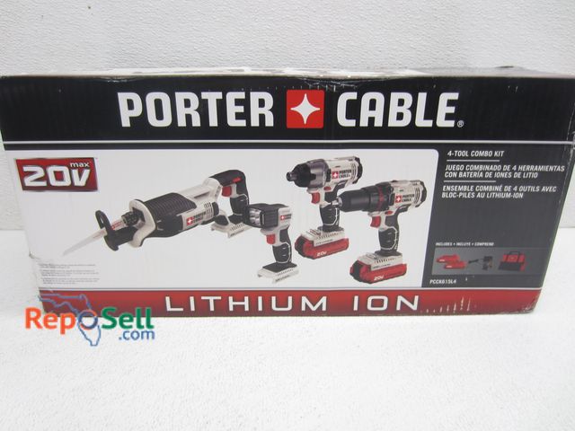 Lot 31-3159 - Porter Cable 20V 4-Tool Combo Kit w/(2) Batteries, Charger &amp; Bag - Some Box Damage #PCCK615L4