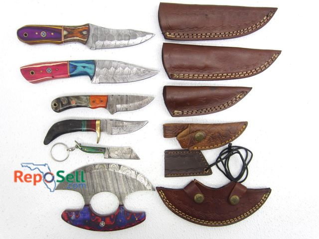 Lot 31-9131 - (6) Fixed Blade Damascus Style Knives w/Sheaths: 1- Has Neck Sheath/Key Chain