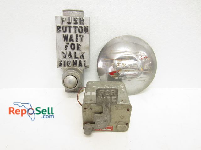 Lot 31-1153 - (3) Pieces of Vintage Automobilia; Chevrolet Hub Cap; Taxi Box and Crosswalk Button