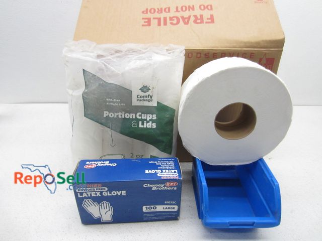 Lot 31-1099 - - Five rolls of 2-ply commercial toilet paper
- 500 latex gloves
- 200 2 oz portion cups and lids
- ...