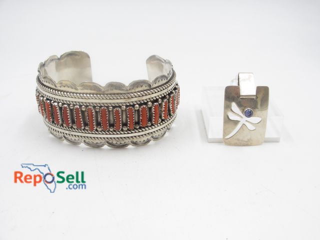 Lot 31-9257 - .925 Silver Stone Cuff Bracelet and .925 Pendant - 65.53g total