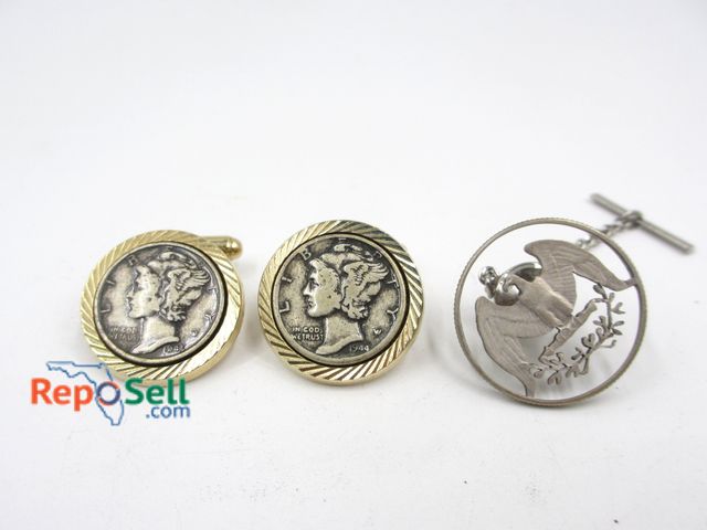 Lot 31-3018 - (2) Mercury Dime Cuff Links &amp; Quarter Cut Out Tie Tac